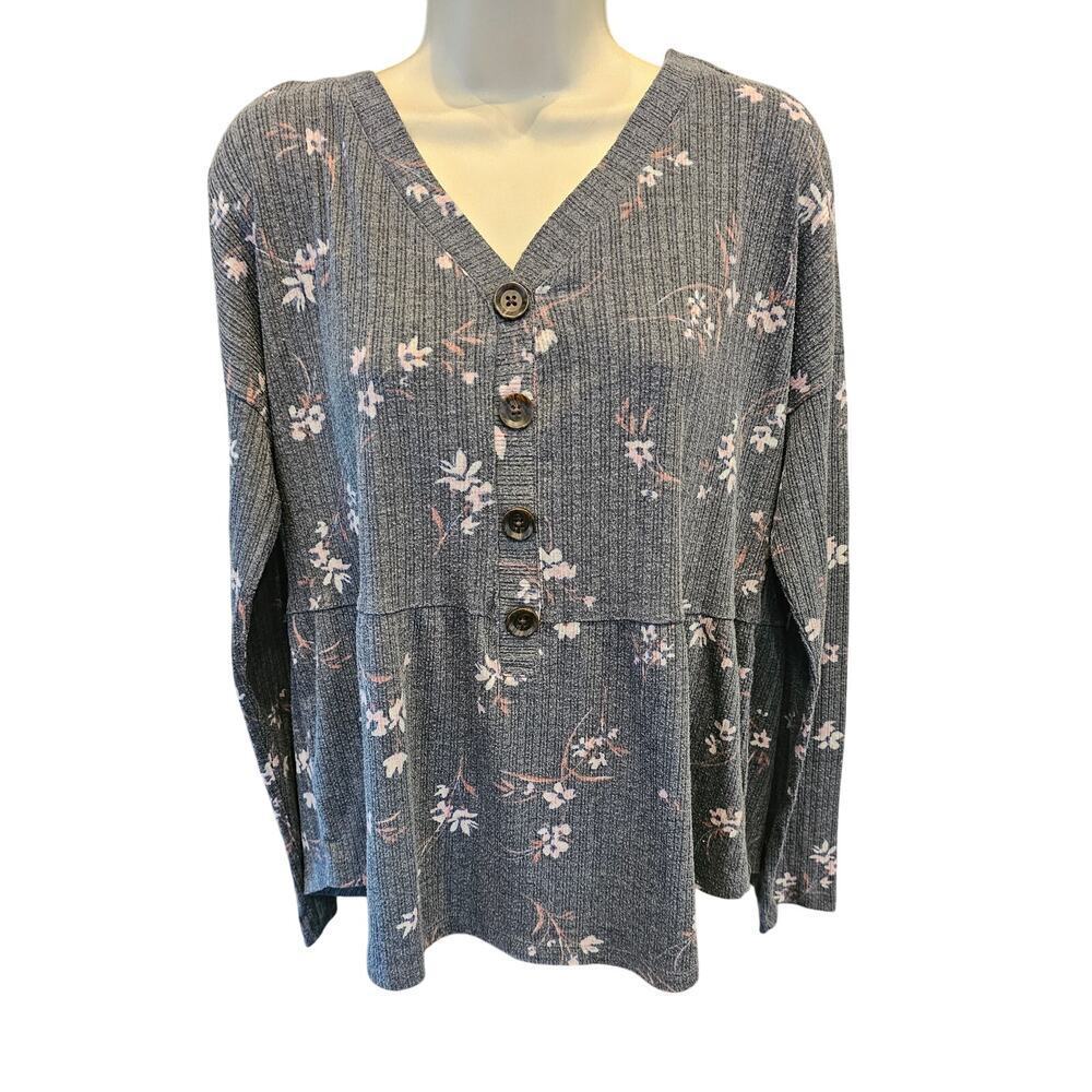 Como Vintage floral peasant top Blue/Gray pink XXL RIBBED STRETCH long sleeve